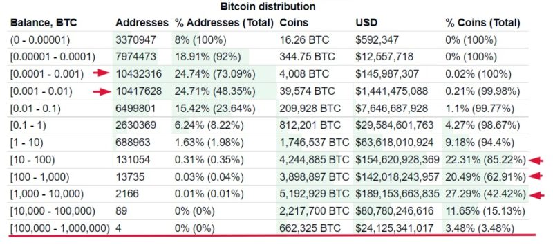 Централизация Bitcoin: 2,4% владельцев держат на своих кошельках 94,4% всех монет