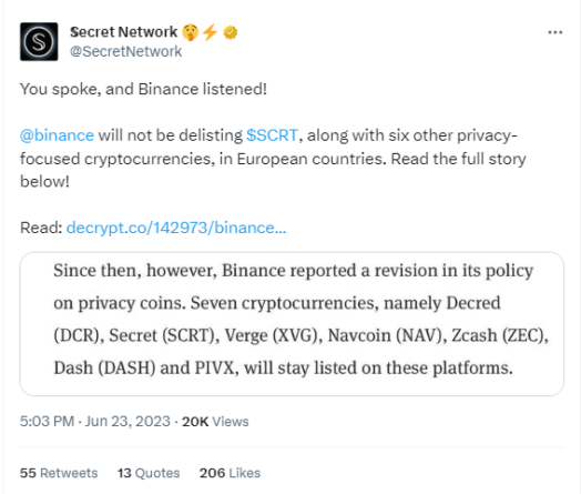 Binance пытается сохранить свою долю на рынке: отменяет делистинг анонимных активов