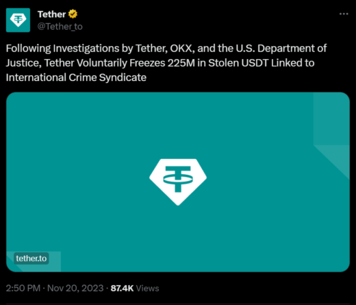 Tether заморозил 225 миллионов в USDT совместно с Минюстом США